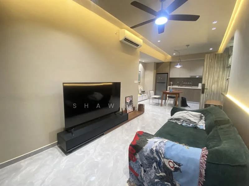 Living features: green fabric sofa, black TV console, wall-mounted TV, ceiling fan with light, recessed LED strip lighting, marble tile flooring, air conditioning unit, decorative wall art, dining table with chairs visible in background; style: modern.