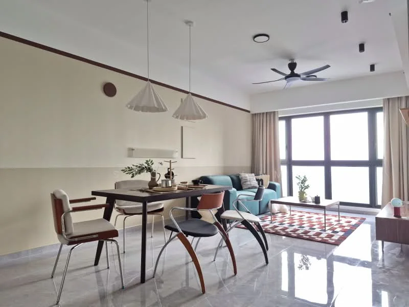 Living features: grey fabric sofa, coffee table, area rug with geometric pattern, 6-seater dining table, white pendant lights, ceiling fan, floor-to-ceiling windows, curtains, marble tile flooring, decorative wall panel, plant in ceramic pot; style: modern.