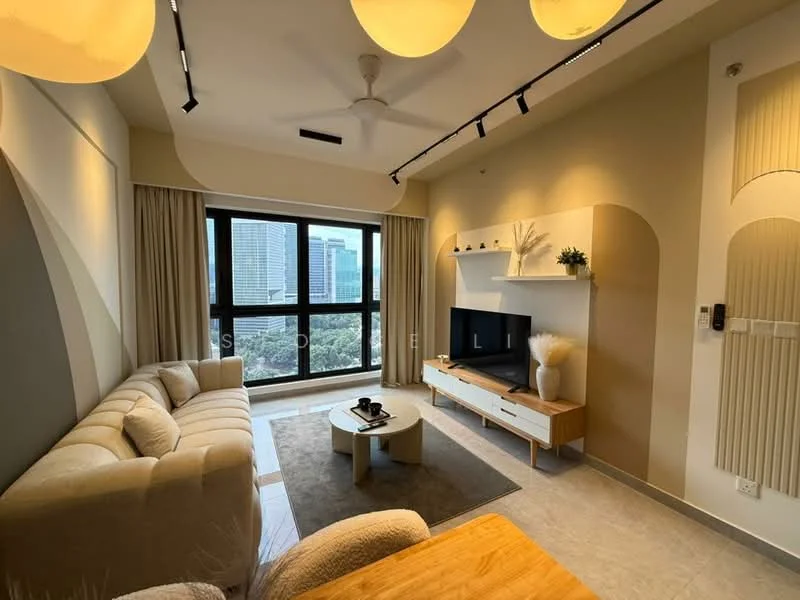 Living features: 3-seater fabric sofa in beige, coffee table, wall-mounted TV, TV console with storage, area rug, floor-to-ceiling windows, curtains, ceiling fan with light, recessed downlights, decorative wall paneling, light-colored walls, light-colored flooring; style: modern; view: city.