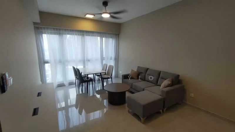 Living features: 3-seater fabric sofa in grey, coffee table, dining table for 4, floor-to-ceiling windows, sheer curtains, ceiling fan, polished tile flooring, light beige painted walls, wall-mounted TV console, decorative wall shelf; style: modern; view: city.