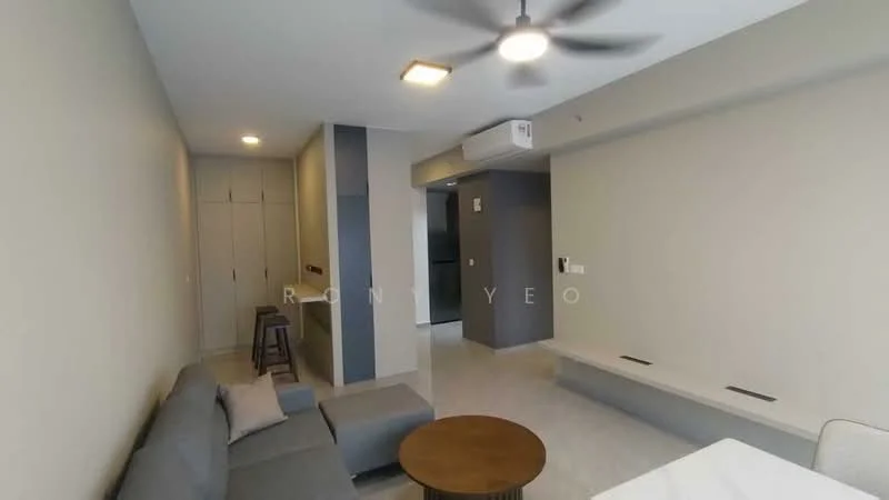 Living features: grey fabric sectional sofa, round wooden coffee table, 5-blade ceiling fan, recessed downlights, light grey painted walls, white tiled flooring, built-in cabinetry, open layout to kitchen, wall-mounted TV console, air conditioning unit; style: modern.