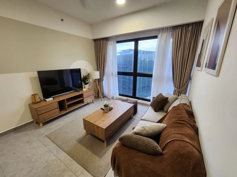 Living features: 3-seater fabric sofa in brown, wooden coffee table, TV console with storage, wall-mounted TV, floor-to-ceiling windows, sheer curtains, decorative plants, area rug with geometric pattern, light-colored walls with accent wall, recessed ceiling lights; style: modern; view: city.
