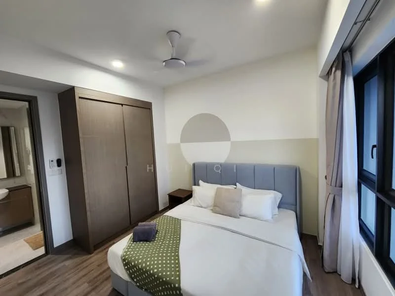 Bedroom features: queen-size bed, upholstered headboard, bedside table, ceiling fan, wall-mounted light fixtures, built-in wardrobe, wooden flooring, grey accent wall, curtains, decorative throw pillow, green throw blanket; style: modern.