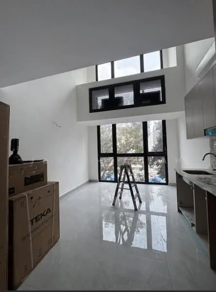 Room features: high ceiling, large floor-to-ceiling windows, marble flooring, kitchen cabinetry, stainless-steel sink, countertop, unpacked boxes, step ladder; style: modern; view: garden.