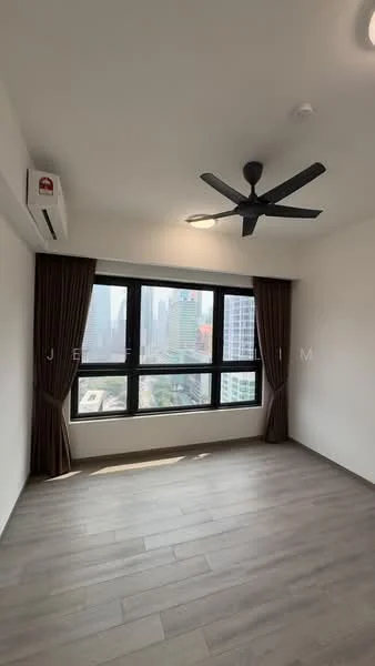 Bedroom features: wooden flooring, white painted walls, 5-blade ceiling fan with light, floor-to-ceiling windows, sheer curtains, city view, air conditioning unit; style: modern; view: city.
