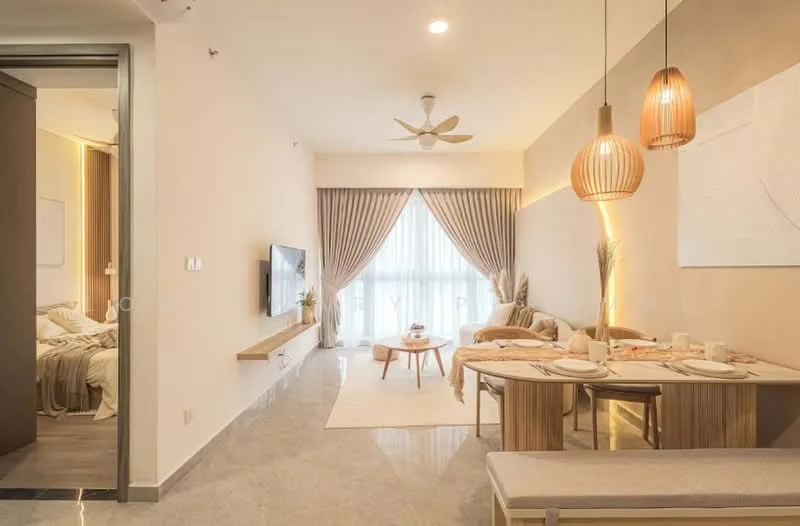 Living features: 3-seater fabric sofa in light grey, 2-seater fabric sofa in beige, wooden coffee table, area rug with neutral tones, wall-mounted TV, floating TV console, pendant lighting with woven design, 5-blade ceiling fan with light, floor-to-ceiling windows with sheer curtains, decorative wall art, light marble flooring, dining table with 4 chairs, bench seating; style: modern.