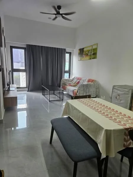 Living features: grey polished tile flooring, white painted walls, 5-blade ceiling fan with light, floor-to-ceiling windows, sheer curtains, sofa with patterned throw, coffee table, TV console, wall-mounted TV, dining table with tablecloth, 4 dining chairs; style: modern; view: city.