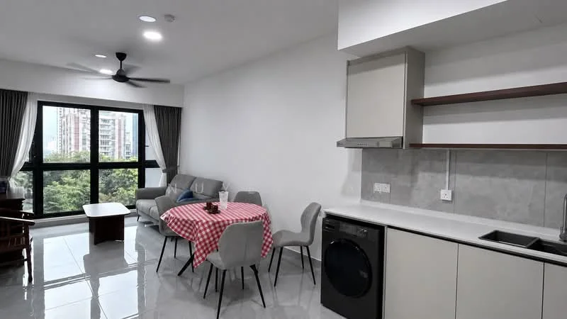 Living features: grey fabric sofa, round dining table with red checkered tablecloth, 4 grey upholstered dining chairs, coffee table, floor-to-ceiling windows, curtains, ceiling fan, white painted walls, polished tile flooring, kitchen cabinetry with light-coloured finish, stainless-steel sink, washing machine; style: modern; view: garden.