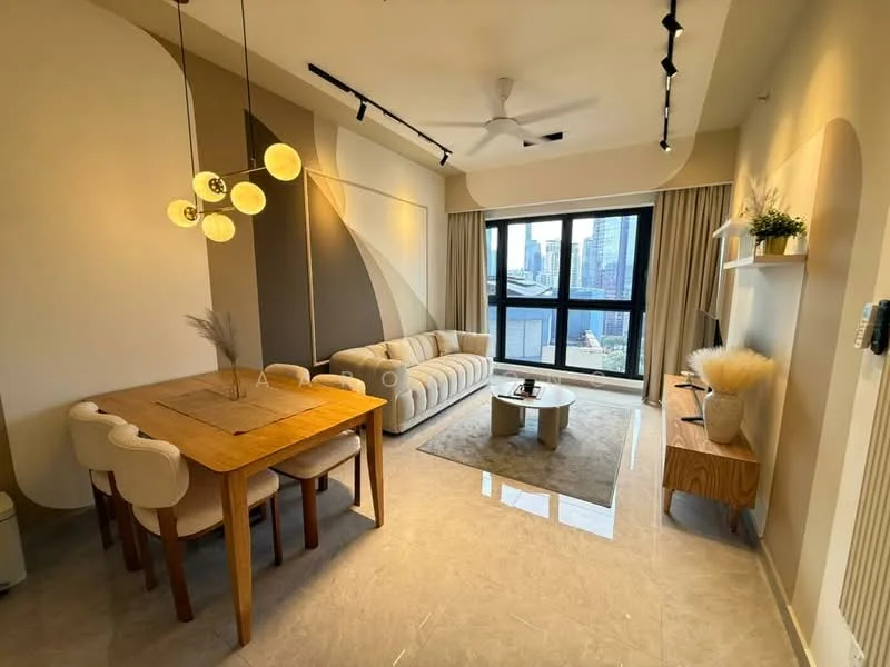 Living features: 3-seater fabric sofa in cream, wooden coffee table, 6-seater wooden dining table, upholstered dining chairs, pendant light fixture with multiple bulbs, floor-to-ceiling windows, curtains, light-colored wall with abstract design, grey tile flooring, ceiling fan, decorative plant in ceramic pot, area rug; style: modern; view: city.
