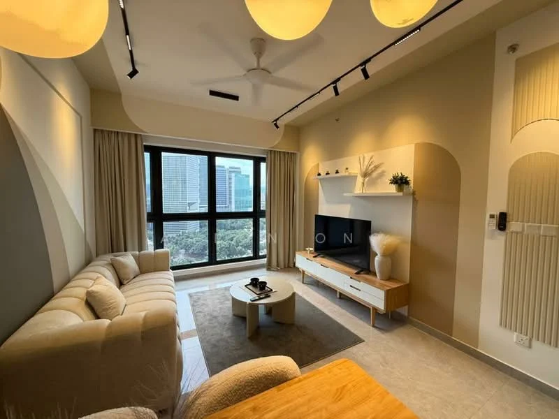 Living features: 3-seater fabric sofa in cream, coffee table, TV console, wall-mounted TV, area rug, floor-to-ceiling windows, curtains, ceiling fan, recessed LED downlights, decorative wall paneling, light fixtures, wooden shelving; style: modern; view: city.