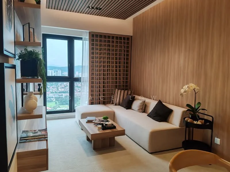 Living features: light beige fabric sectional sofa, wooden coffee table, decorative wall with wooden slats, floor-to-ceiling windows, sheer curtains, carpeted flooring, wall-mounted shelving, decorative plants, framed artwork, accent pillows in dark colors; style: modern; view: city.