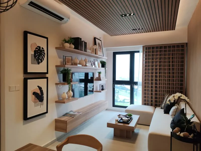 Living features: white walls, wooden ceiling with recessed lighting, light-colored flooring, floor-to-ceiling windows, sliding glass door, built-in wooden shelving, decorative wall art, sofa with cushions, coffee table, houseplants in ceramic pots, TV console, decorative vases; style: modern; view: city.