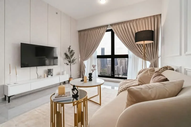 Living features: light beige fabric sofa, gold metal coffee table, white TV console, wall-mounted flat-screen TV, floor-to-ceiling windows, sheer curtains, blackout curtains, decorative plant, area rug, pendant light, decorative candles, throw blanket; style: modern; view: city.