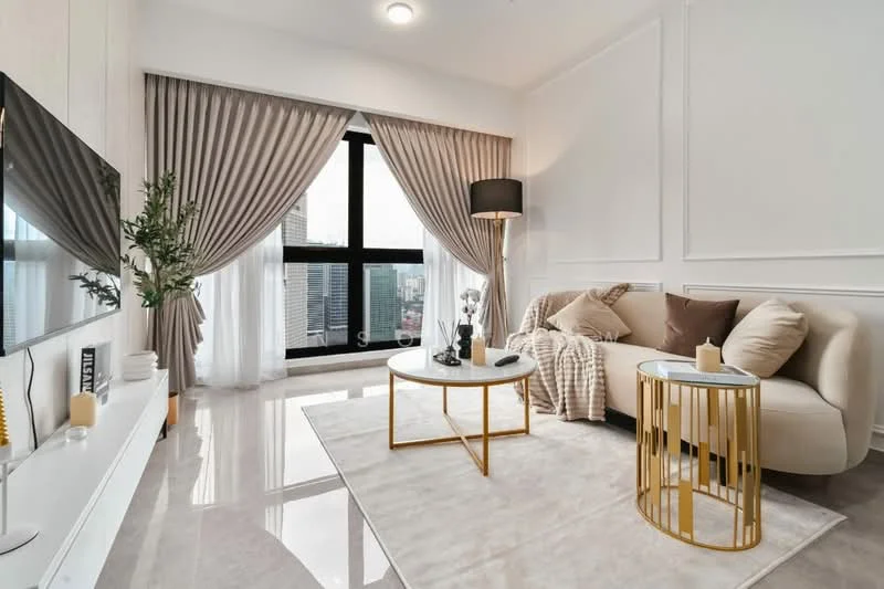 Living features: cream fabric sofa, gold accent coffee table, area rug with neutral color, floor-to-ceiling windows, sheer curtains, blackout curtains, wall-mounted TV, decorative plant in pot, gold floor lamp, decorative throw blanket, decorative pillows, white console table; style: modern; view: city.