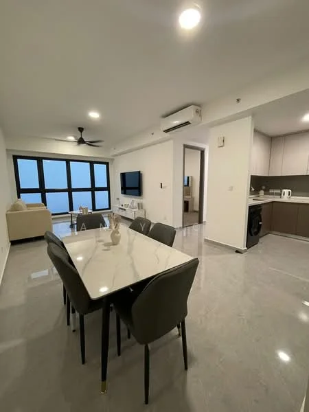 Dining features: 6-seater dining table with marble top, upholstered dining chairs, pendant light, floor-to-ceiling windows, grey tiled flooring, white painted walls, air conditioning unit, wall-mounted TV; style: modern; view: city. Living features: 3-seater fabric sofa in beige, coffee table, TV console, grey tiled flooring, white painted walls, air conditioning unit, ceiling fan; style: modern; view: city. Kitchen features: built-in cabinets, stainless-steel sink, kettle, microwave, grey cabinetry, white walls, grey tiled flooring; style: modern.