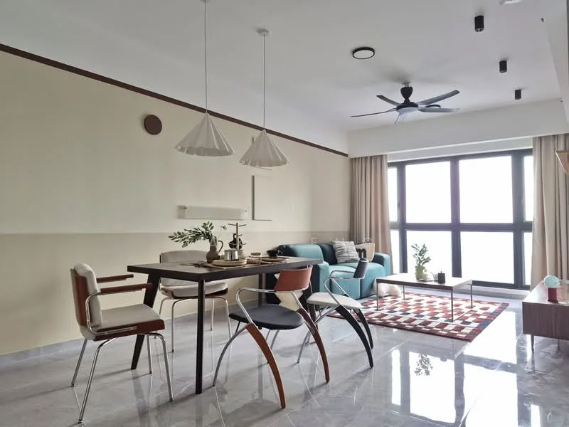 Living features: grey marble tile flooring, white painted walls, ceiling fan with light, 2 pendant lamps, large floor-to-ceiling windows, beige curtains, blue fabric sofa, white coffee table, red and white area rug with geometric pattern, dining table with 4 chairs, decorative plants, wall-mounted decor; style: modern.