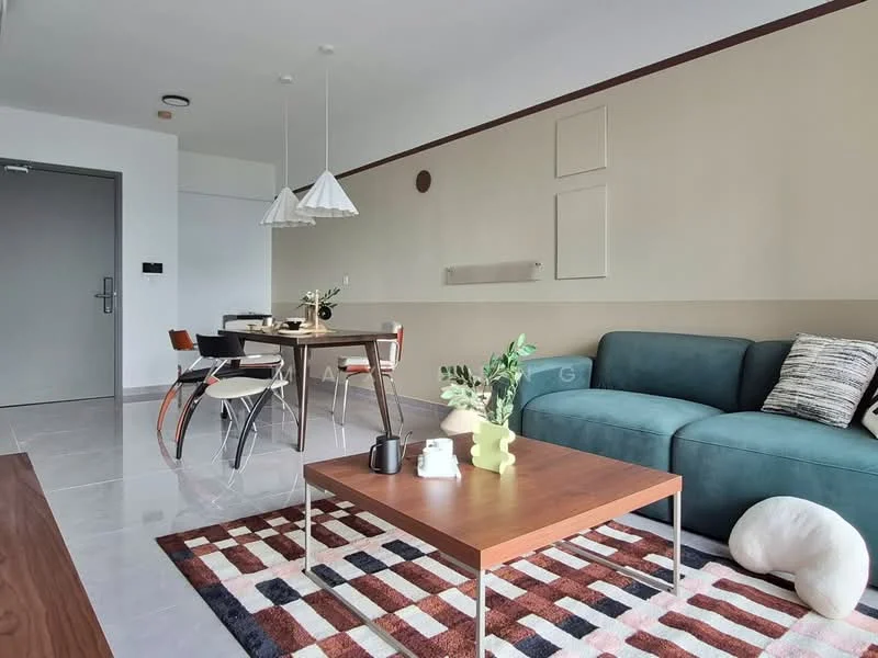 Living features: 3-seater fabric sofa in teal, wood coffee table, area rug with geometric pattern, dining table with 4 chairs, pendant lighting with three shades, wall-mounted decor, white painted walls, grey tiled flooring, decorative plant, wall clock; style: modern.
