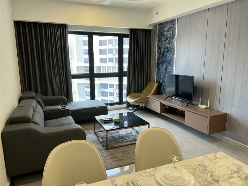Living features: L-shape sectional sofa in grey, coffee table, TV console, wall-mounted TV, area rug, floor-to-ceiling windows, curtains, decorative wall panel, marble flooring, decorative artwork; style: modern; view: city.