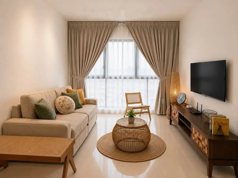 Living features: 3-seater fabric sofa in beige, decorative cushions in various colors, wooden coffee table, woven rattan coffee table, area rug with circular shape, wooden TV console, wall-mounted flat-screen TV, floor lamp with warm light, large window with sheer curtains, curtains in light beige, decorative plant on coffee table, wooden chair, wall decor with artwork; style: modern; view: city.