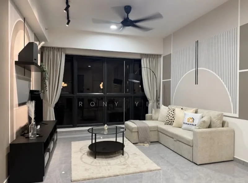 Living features: 3-seater fabric sofa in light beige, black coffee table, TV console with wall-mounted TV, area rug, ceiling fan, floor-to-ceiling windows, sheer curtains, decorative wall with geometric patterns, light grey walls, marble tile flooring; style: modern.