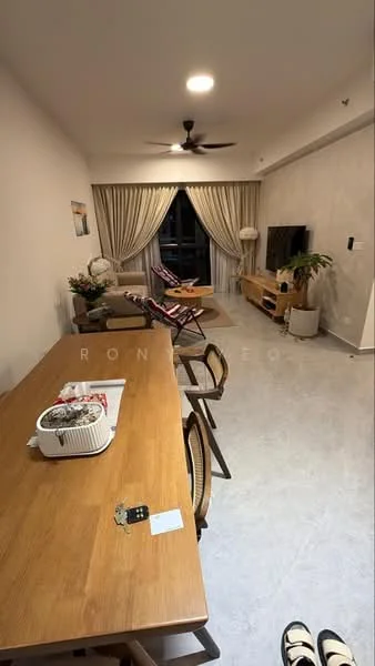 Living features: grey tiled flooring, white painted walls, 5-blade ceiling fan with light, floor-to-ceiling windows with sheer curtains, wall-mounted TV, wooden TV console, light wood dining table, 4 rattan dining chairs, decorative plants, reclining chairs, area rug, decorative wall art; style: modern; view: city.