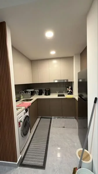 Kitchen features: white upper cabinets, brown lower cabinets, marble countertop, stainless-steel sink, chrome pull-down faucet, built-in stove, built-in oven, microwave, washing machine, recessed downlights, grey tile flooring, kitchen mat, dish rack, kettle, toaster; style: modern.