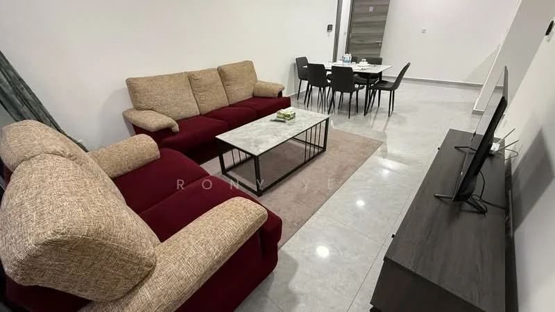 Living features: 2-seater fabric sofa in red, 3-seater fabric sofa in beige, marble coffee table, area rug, wall-mounted TV, TV console in dark wood, grey tiled flooring, white painted walls, recessed downlights; style: modern. Dining features: 4-seater dining table, black dining chairs, white tabletop; style: modern.