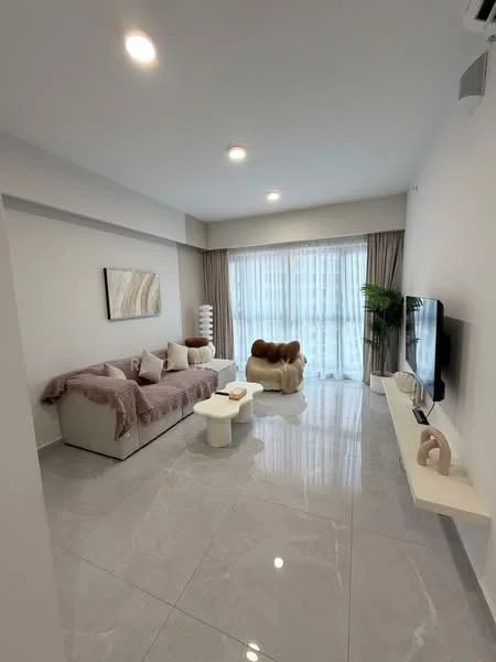 Living features: grey marble tile flooring, white painted walls, recessed downlights, floor-to-ceiling windows, sheer curtains, light grey sofa with throw pillows, cream accent chair, white coffee table, TV mounted on wall, decorative wall art, indoor plant, light brown throw blanket; style: modern.