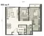 Floor plan: 2-bedroom 2-bathroom unit; features: open-plan kitchen-dining-living, master bedroom with ensuite bathroom, bedroom 2 with shared bathroom, utility room, balcony off living room, central foyer, 1 car porch.