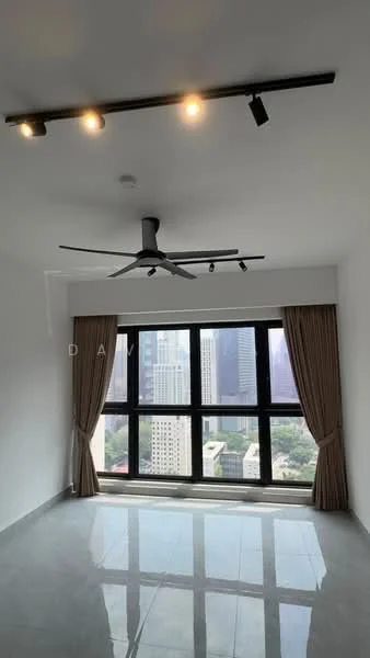 Living features: grey polished tile flooring, white painted walls, 5-blade ceiling fan with light, floor-to-ceiling windows, sheer curtains, city view, track lighting, recessed downlights; style: modern; view: city.