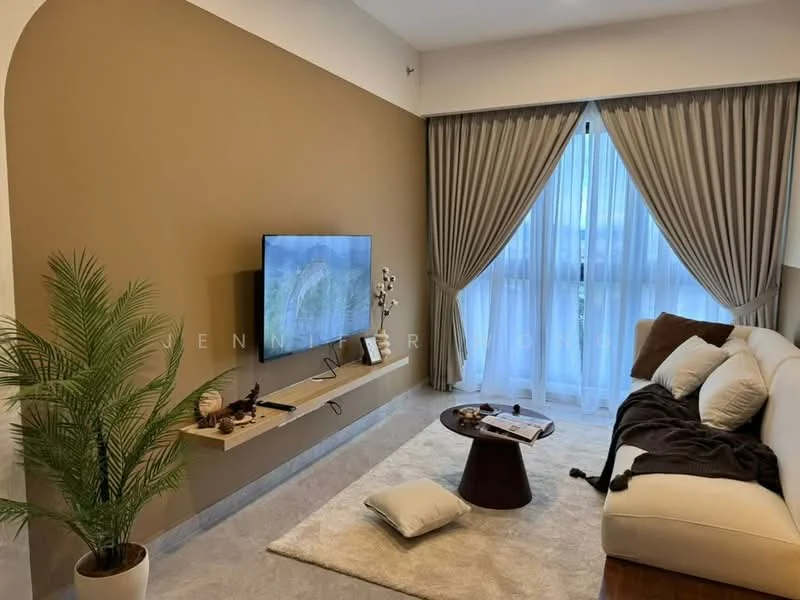 Living features: beige painted walls, light grey flooring, floor-to-ceiling windows, sheer curtains, heavy drapes, 3-seater fabric sofa in white, round coffee table, area rug, wall-mounted TV, floating TV console, decorative plant, decorative items on console; style: modern; view: city.