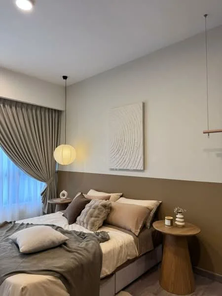 Bedroom features: queen-size bed with beige and brown bedding, upholstered headboard, decorative throw pillows, wooden bedside table, pendant light fixture, curtains in grey fabric, textured wall art, laminate flooring, wall-mounted decor, neutral wall colors with a brown accent wall; style: modern.