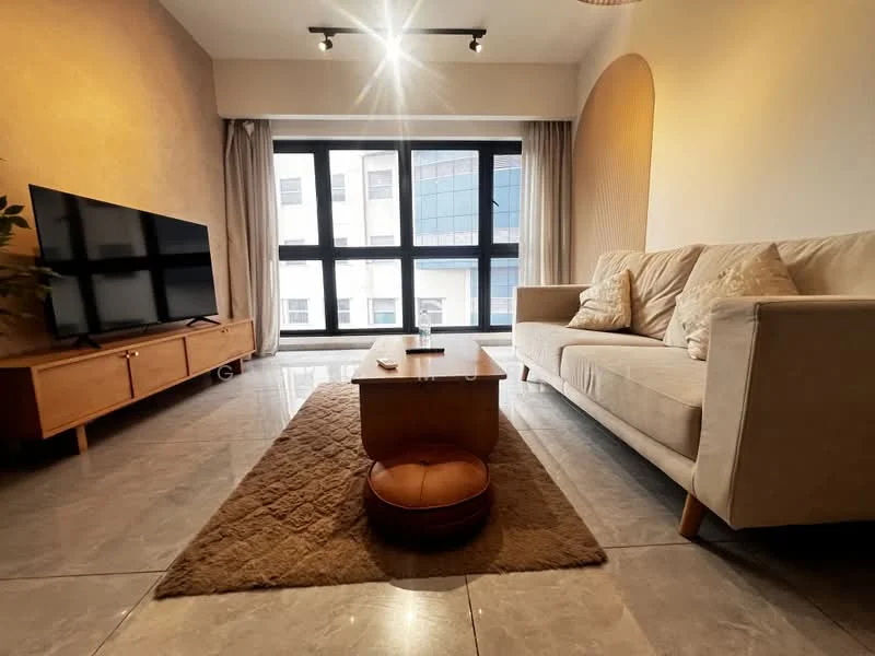 Living features: light grey fabric sofa, wooden coffee table, round ottoman, area rug with geometric pattern, TV console with wooden finish, wall-mounted TV, floor-to-ceiling windows, curtains, recessed downlights, textured wall finish, marble tile flooring; style: modern.