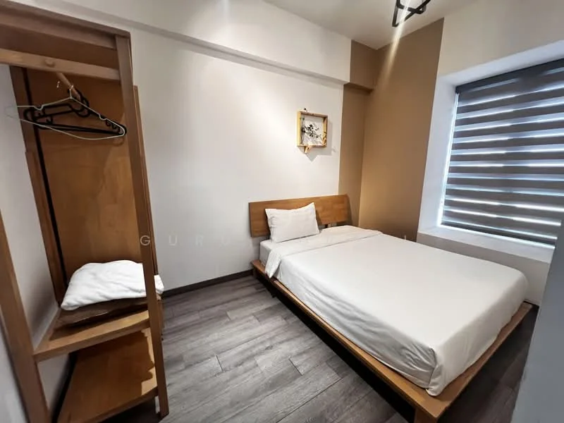 Bedroom features: queen-size bed with white bedding, wooden bed frame, wooden wardrobe with open shelving, hanging space with coat hanger, decorative wall art in frame, window with horizontal blinds, laminate flooring, neutral painted walls, ceiling light fixture; style: modern.