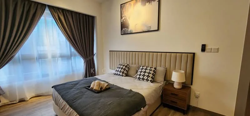 Bedroom features: king-size bed with upholstered headboard, white bedding with decorative throw, two decorative pillows with geometric pattern, nightstand with lamp, framed artwork on wall, floor-to-ceiling windows with sheer curtains, dark curtains, wooden flooring; style: modern.