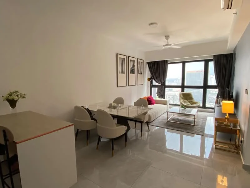Living features: white painted walls, glossy tile flooring, 5-blade ceiling fan with light, floor-to-ceiling windows, grey sofa, coffee table, dining table with 6 chairs, decorative wall art, area rug, curtains, side table with lamp; style: modern; view: city.