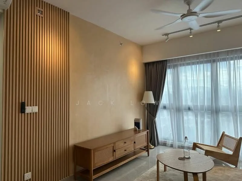 Living features: light beige painted walls, wood panel accent wall, floor-to-ceiling windows, sheer curtains, dark grey curtains, ceiling fan, light wood sideboard, round coffee table, wooden armchair, marble tile flooring; style: modern.