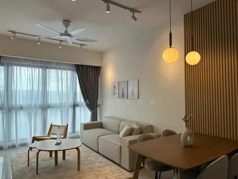 Living features: 5-blade ceiling fan with light, recessed LED downlights, floor-to-ceiling windows, sheer curtains, light grey fabric sofa, wooden coffee table, wooden dining table, upholstered dining chairs, decorative wall art, wood panel accent wall, neutral wall colour, carpet flooring; style: modern; view: city.