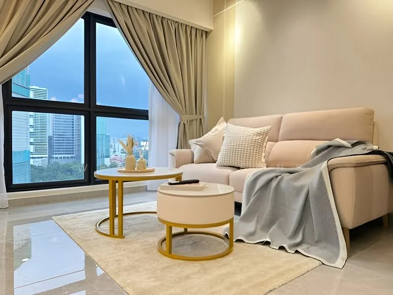 Living features: beige fabric sofa, round white coffee table with gold legs, small round side table with gold legs, area rug with neutral color, floor-to-ceiling windows, sheer curtains, city skyline view, decorative throw pillows, decorative vase on coffee table, throw blanket draped over sofa, marble tile flooring, recessed downlights; style: modern; view: city.
