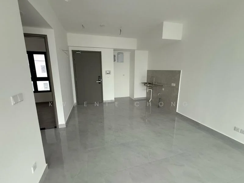 Room features: grey polished tile flooring, white painted walls, ceiling with recessed lights, single wall-mounted air conditioning unit, kitchenette area with sink, open layout, large window for natural light, door leading to another room; style: modern.