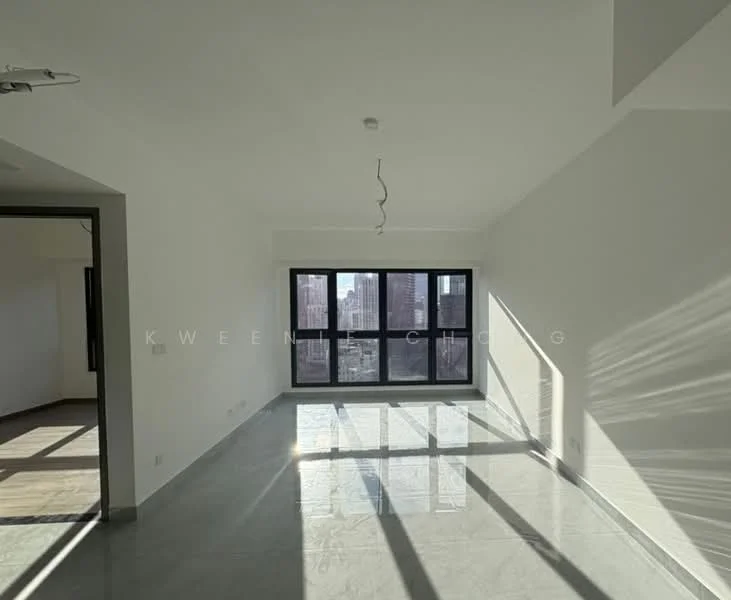 Living features: white painted walls, grey polished tile flooring, floor-to-ceiling windows, natural light flooding in, recessed ceiling lights, single pendant light fixture, open layout, city skyline view; style: modern; view: city.