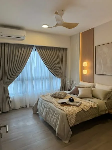 Bedroom features: king-size bed with beige bedding, upholstered headboard, 2 bedside lamps, wall-mounted artwork, floor-to-ceiling windows with sheer curtains, grey curtains, 5-blade ceiling fan, wall-mounted air conditioning unit, wooden flooring, decorative throw blanket, study desk with chair, decorative wall paneling; style: modern.