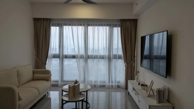 Living features: 3-seater fabric sofa in beige, round coffee table with glass top, wall-mounted TV, TV console with storage, floor-to-ceiling windows, sheer curtains, drapes in beige, polished tile flooring, ceiling fan, decorative accessories on console; style: modern; view: city.