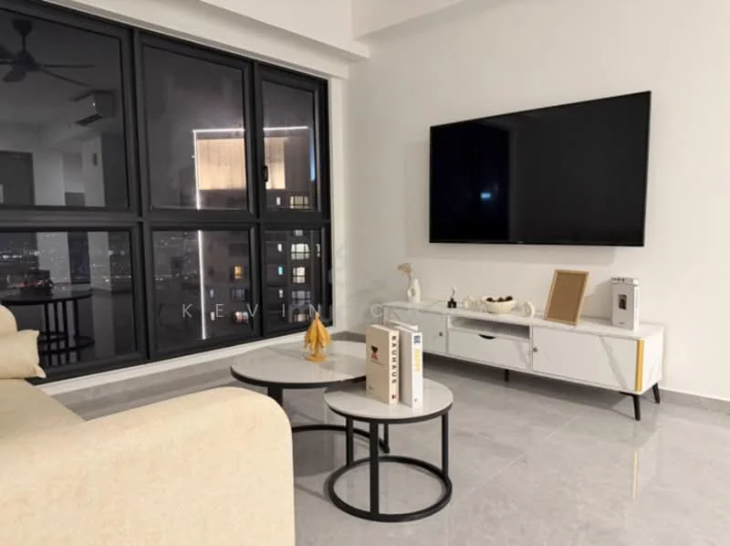 Living features: cream fabric sofa, marble coffee table with black legs, white TV console with gold accents, wall-mounted flat-screen TV, large floor-to-ceiling windows, grey tile flooring, decorative items on console, ceiling fan with light, city skyline view; style: modern; view: city.