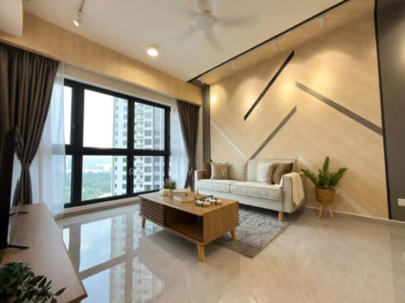 Living features: 3-seater fabric sofa in beige, wooden coffee table, area rug in grey, floor-to-ceiling windows, curtains in grey, wall with wood paneling, accent wall with geometric design, ceiling fan, decorative plant in pot, marble tile flooring, recessed downlights; style: modern; view: city.