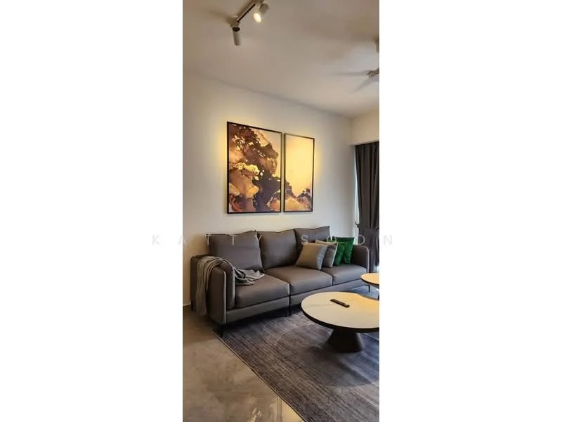 Living features: 3-seater fabric sofa in grey, decorative throw blanket, green decorative pillows, round coffee table, area rug with geometric pattern, framed artwork on wall, recessed ceiling lights, ceiling fan, floor-to-ceiling windows with curtains; style: modern.