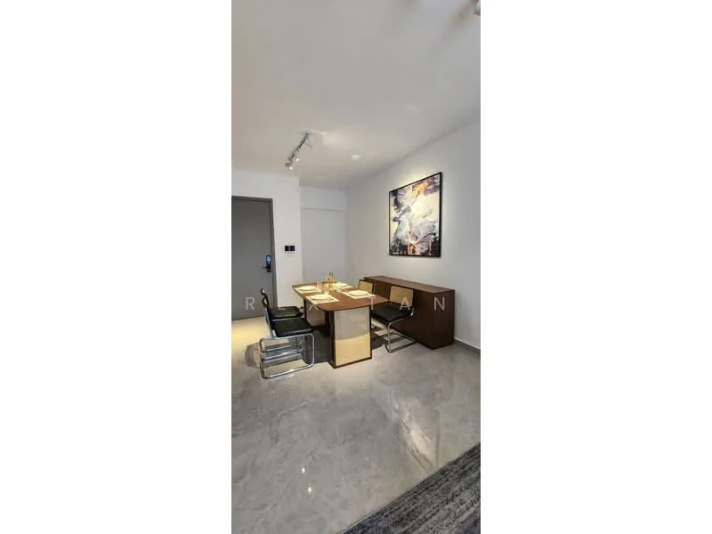 Dining features: marble tile flooring, white painted walls, recessed downlights, dining table with wooden top, 4 black leather dining chairs, framed artwork on wall, sideboard with storage, area rug with geometric pattern; style: modern.