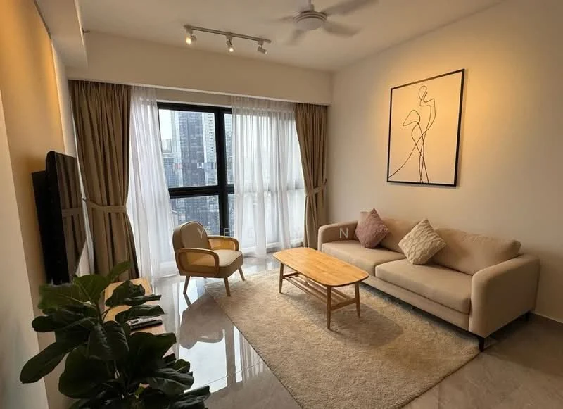 Living features: 3-seater fabric sofa in beige, wooden coffee table, area rug with neutral color, floor-to-ceiling windows, sheer curtains, ceiling fan, wall-mounted TV, decorative artwork on wall, potted plant, light-colored walls, marble flooring; style: modern; view: city.