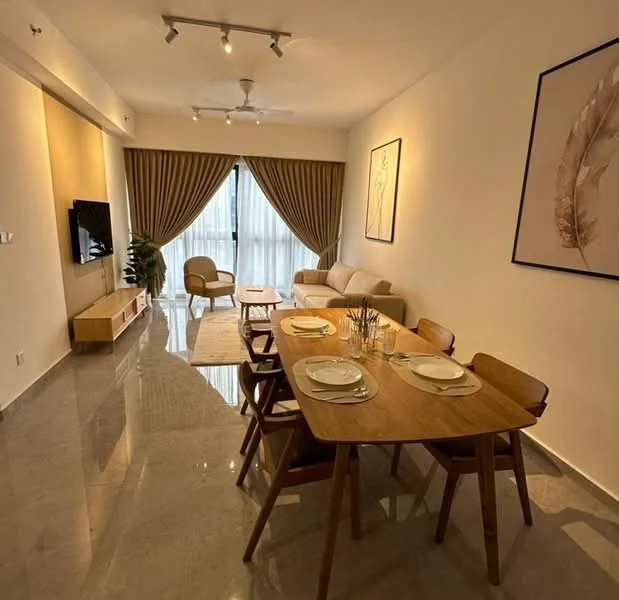 Living features: 3-seater fabric sofa in beige, wooden dining table with 6 chairs, TV console with wall-mounted TV, area rug with geometric pattern, floor-to-ceiling windows with sheer curtains, recessed downlights, ceiling fan, decorative wall art, plant in ceramic pot, light grey marble flooring, neutral painted walls; style: modern; view: city.