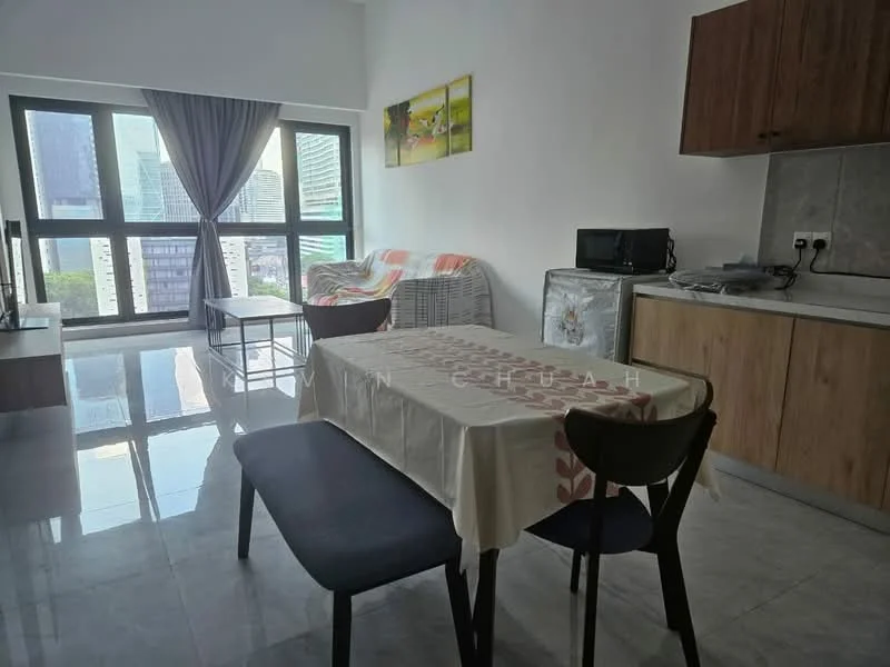 Living features: grey marble tile flooring, floor-to-ceiling windows, curtains, sofa with throw pillows, dining table with tablecloth, 2 dining chairs, refrigerator, kitchen cabinetry, countertop, decorative artwork on wall; style: modern; view: city.